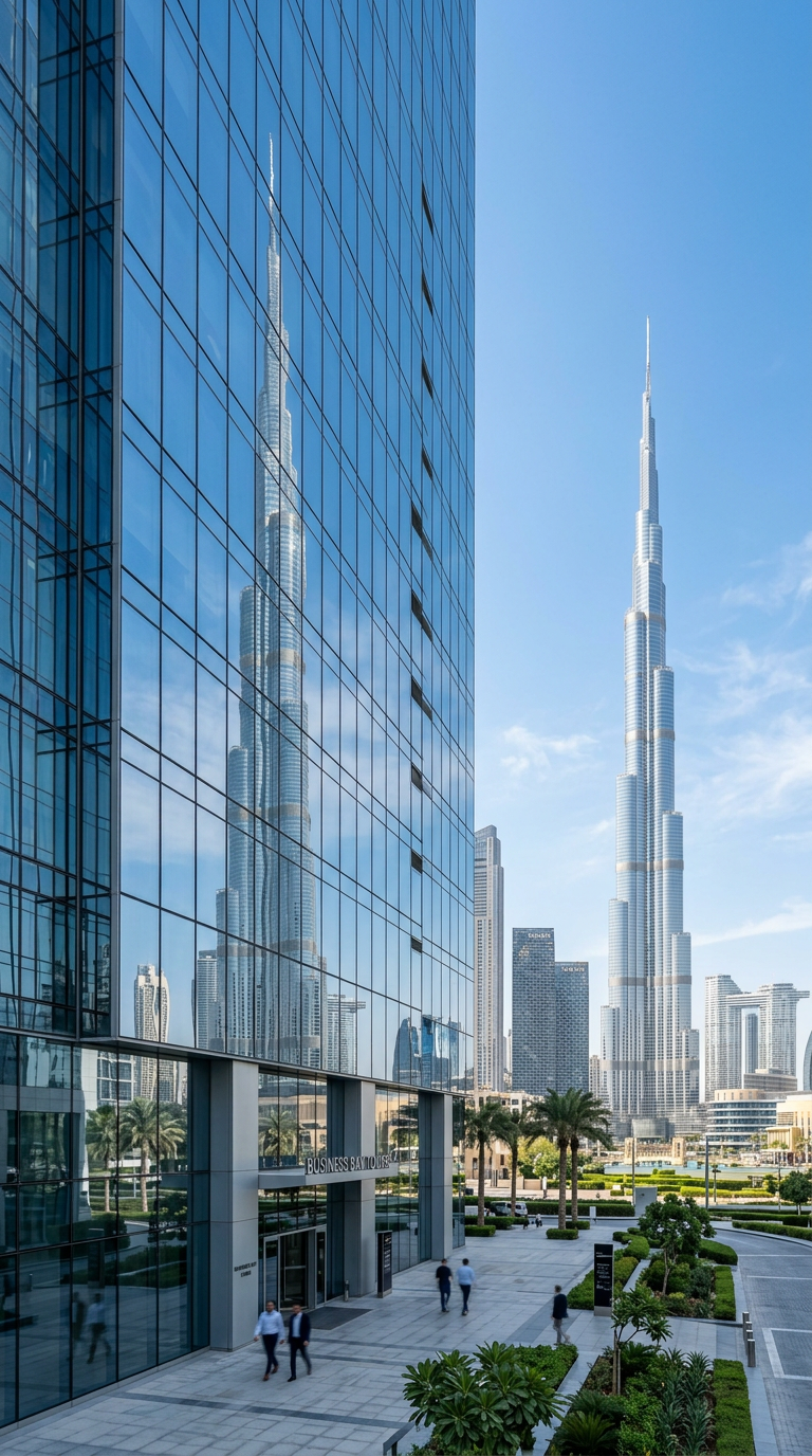 Downtown Dubai reflected in a modern office building